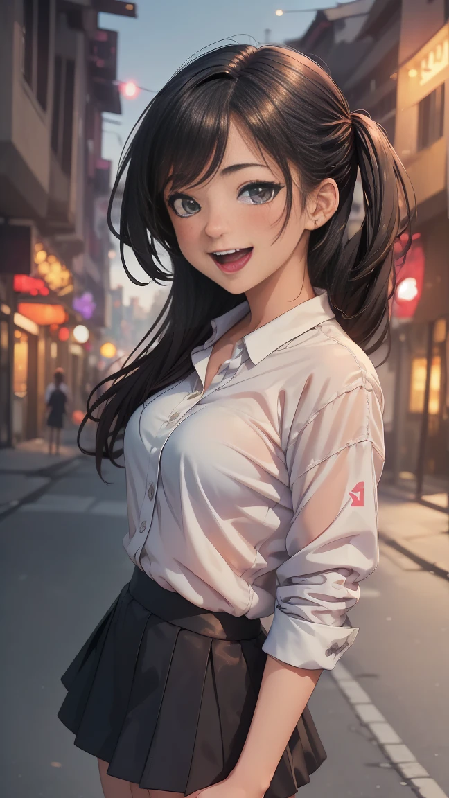 ((Masterpiece)), (Anime:1.5), ((best quality)), (RAW photo:1.2), (High Definition:1.3), (Professional Photography:1.2), (chromatic aberration), 1girl, ((21years old)), 8K, cinematic lighting, Cute Beautiful girl, (smile and open mouth), slum townscape, (slightly exposed small breast), Slender small breasts The legs are very long, The legs are small and slender, ((A loose white tank top that shows off your cleavage)), (Denim pencil skirt), sandals, (not wearing underwear), (no underwear), (no panties, Visible genitals), Lubricant flows from the pussy, There was sweat coming out of the pussy, (There is a lot of pubic hair), (full body image), (crowd), Turn your back, View from below, On the rooftop of the slum city, slum townscape.