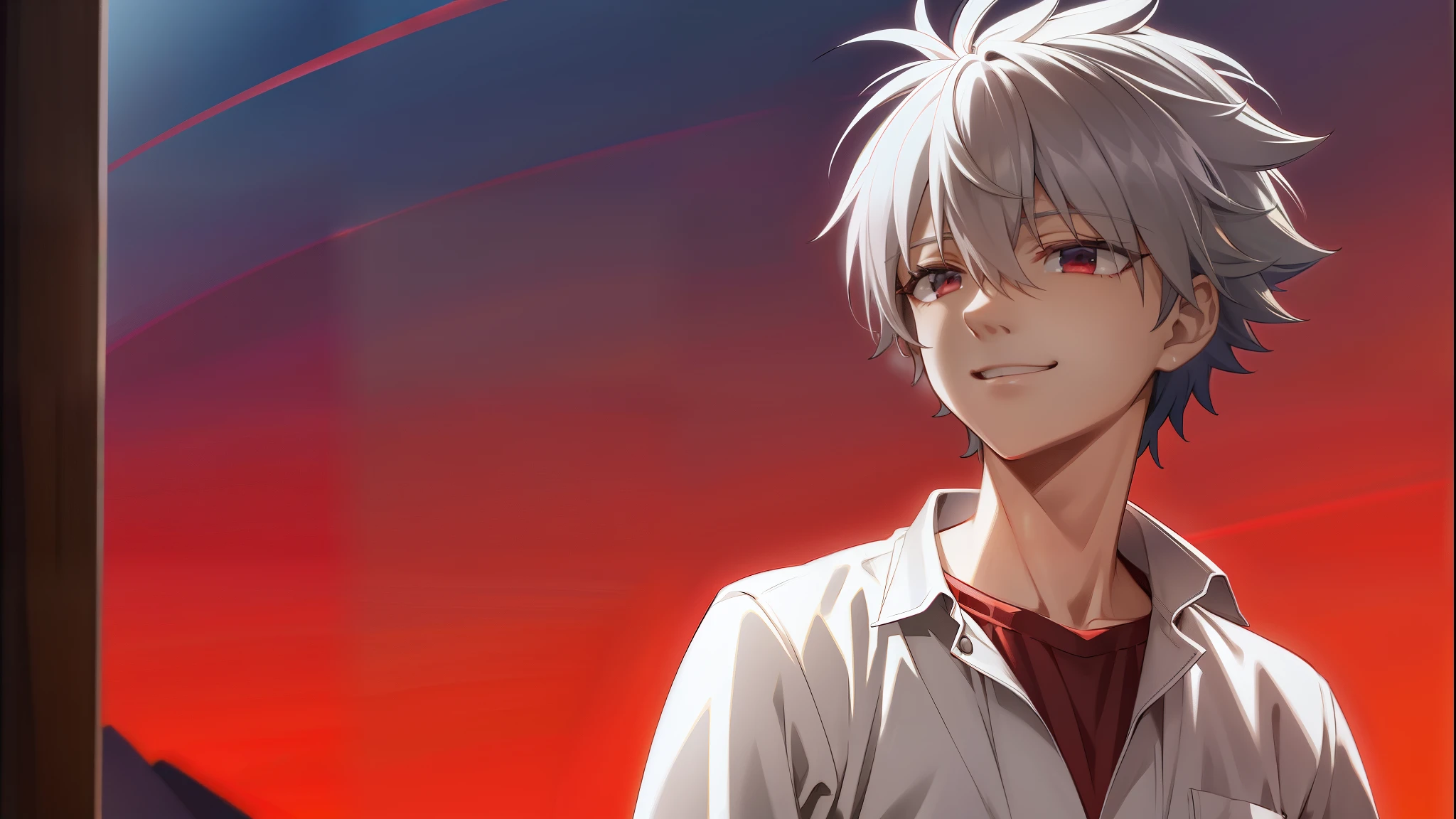 masterpiece,highres,highly detailed,male focus,1boy,独奏,kaworu nagisa, red eyes,grey hair,light smile,,Crimson Moon, Night Sky, dusk