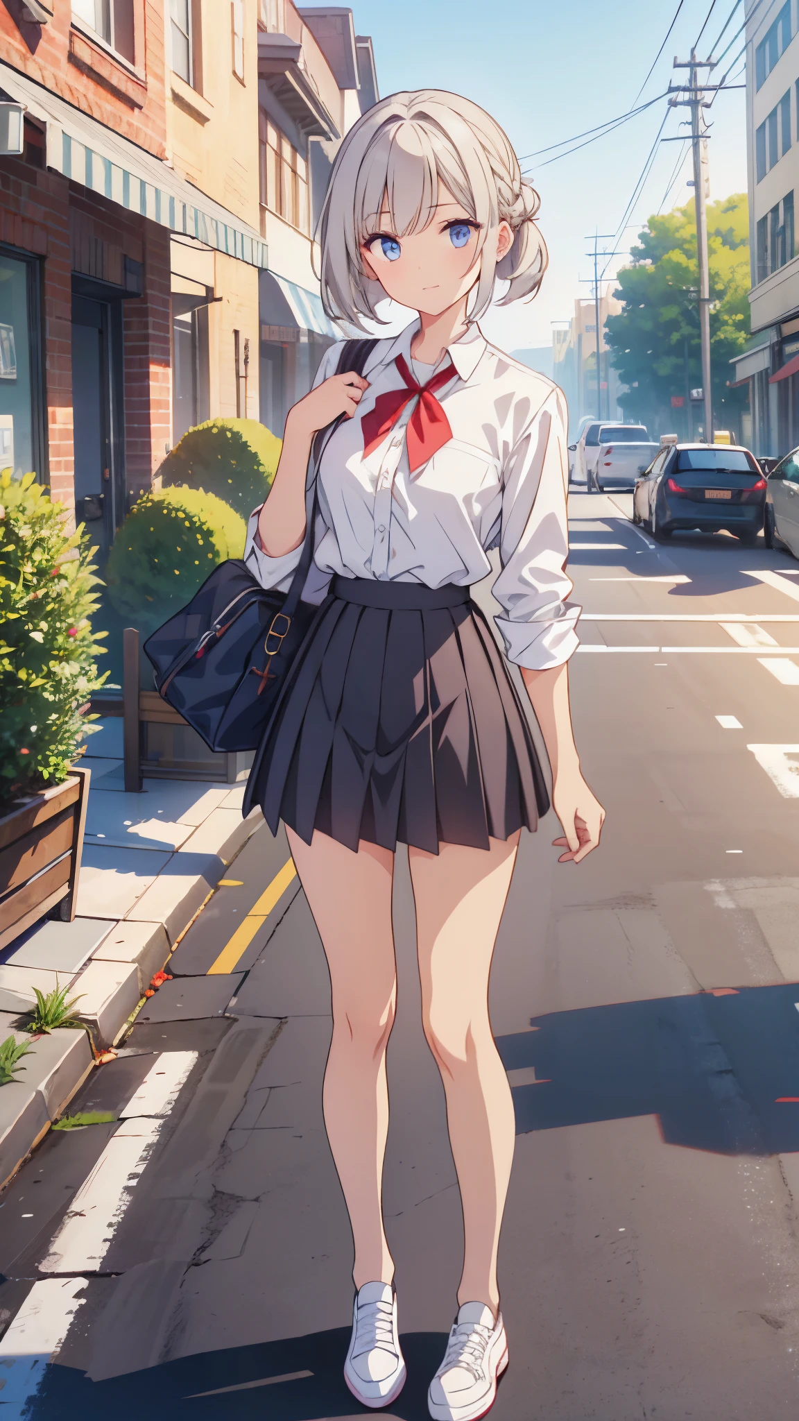 A woman in a short skirt and white shirt is standing on the sidewalk Best quality, 1 girl, Uniform Ilya, Ilya&#39;uniform,Outdoor,(((Wind lift))),Skirt Lift, Side ties_panties, Skirt fluttering in the wind,