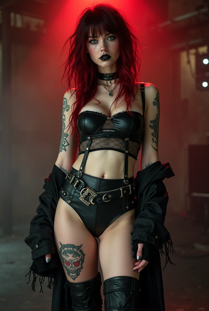 Sfw. (((Cinematic heavy metal poster))) of Braziliagirl tattooed gothic metalhead girl, hot,  redhead, Gothic style, colorful tattoos, long hair, wearing heavy metal clothes with chain and metal details, black T-shirt, seductive girls, (alone), (a detailed full-body RAW photo of a ), (master part:1.0), (best quality:1.4), (Ultra Highres:1.2), (photorealistic:1.4), 8K resolution, Canon EOS R5, 50 millimeters, Absurd, Ultra Detailed, (18 years), sharp focus, Cinematic lighting, detailed beautiful face, (heavy makeup), (ULZZANG-6500-V1.1), detailed skin texture, pale skin, chest round, (pale :0.5), (slim and fit body:1.3), Camel toes, thigh gap, smiling, hot body, sensual, Hot. Cinematic lighting. (((Abstract cinematic background)))