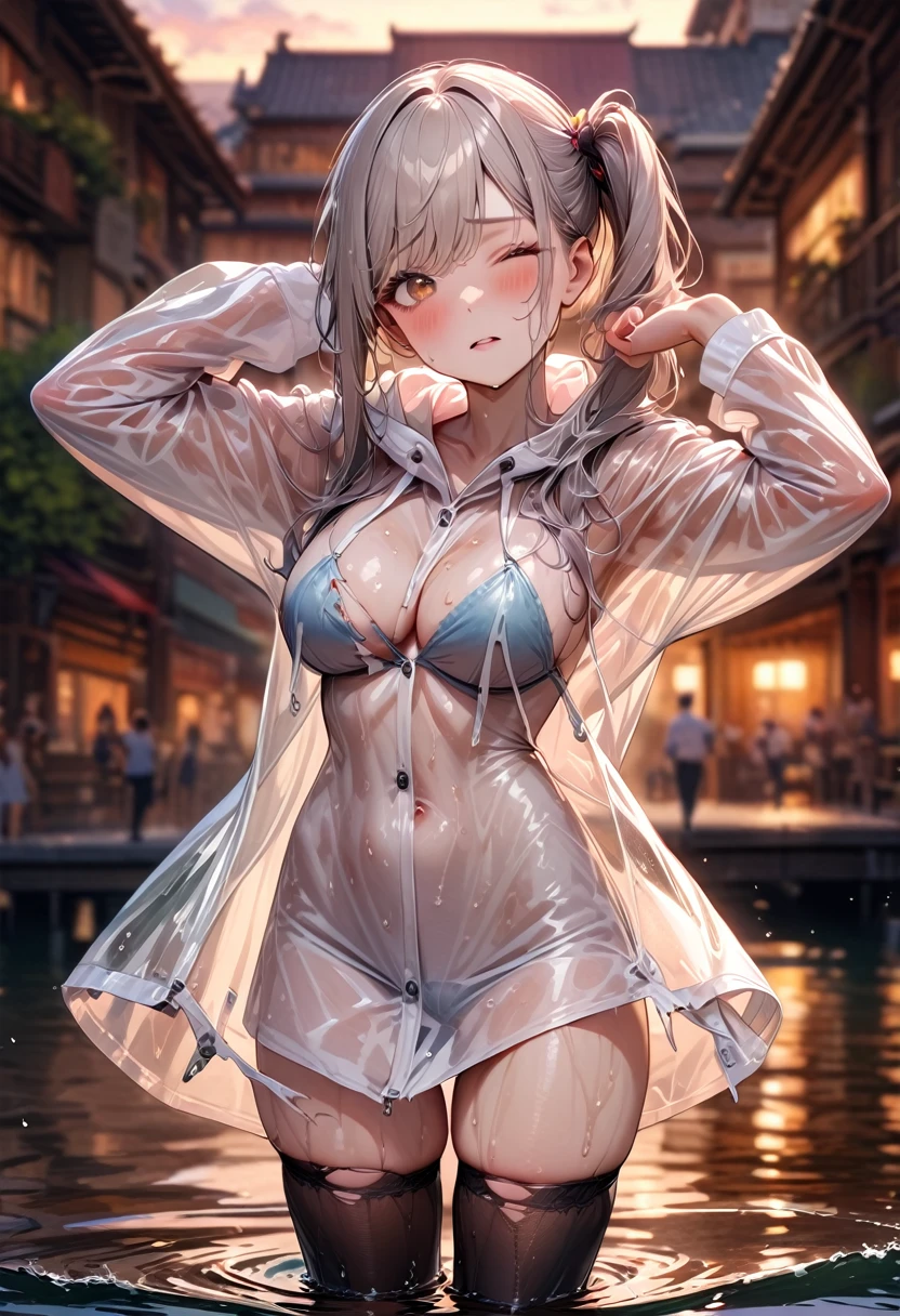 (best quality, masterpiece:1.2), 8k, very aesthetic, absurdres, high resolution, detailed face, official art, beautiful eyes, realistic, brown eyes, tareme, (side ponytail), swept bangs, long hair, silver hair, food, Transparent raincoat, oversized raincoat over the red pencil dress, Layered, (silk dress), medium breasts, (cleavage:0.8), overly long sleeves, black thigh-highs, boots, (white panties, cameltoe:0.9), textured skin, (wet skin, scar skin), (torn clothes:1.15), BREAK rating_explicit, zettai ryouiki, , head tilt, one eye closed, parted lips, sigh, blush, sweaty, sunset, shallow water, cowboy shot, 