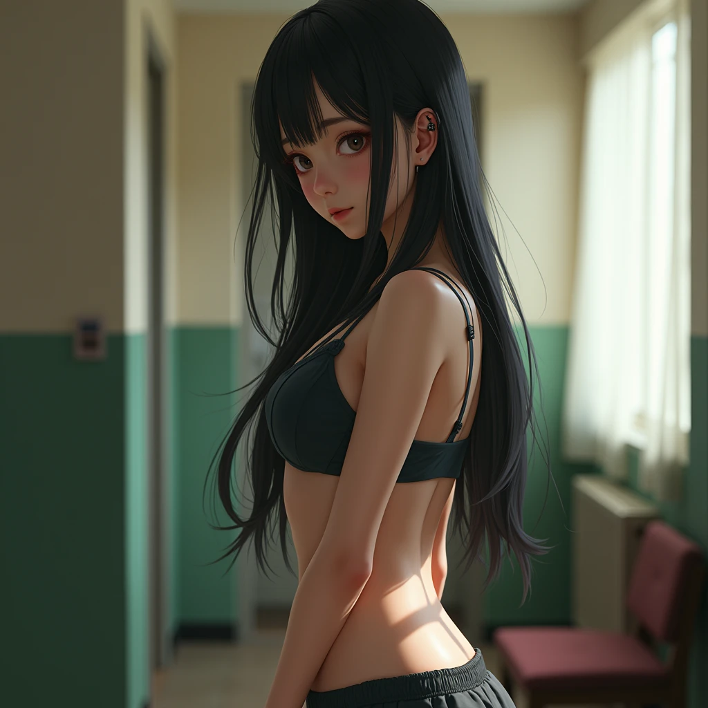 A half naked student girls,black long hair,brown eyes, peach lipstik, big , no underwear, wearing bra, in toilet school,