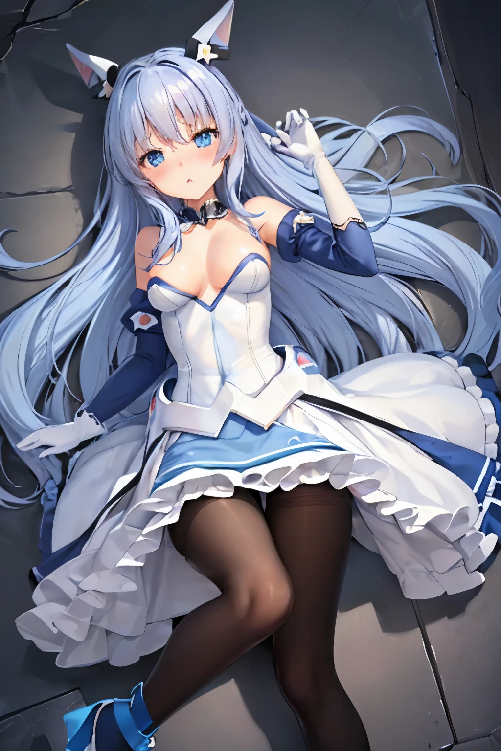 (Highest quality:1.2),  Alone、Symphonic_sugar,light blue hair,navy blue eyes,Hair Ornament],long hair,white long_glove,light blue short dress,black pantyhose,high heel, petite,、(blush:1.1), Embarrassing, View your viewers、((Photo from below))、Trampling