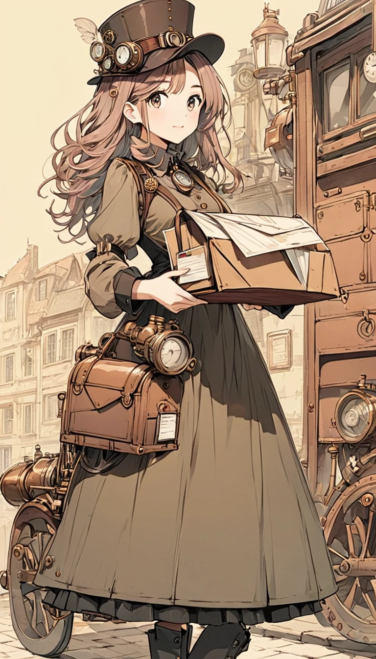 simple colored old cartoon style, steampunk, girl delivering mail, background pastel color tones