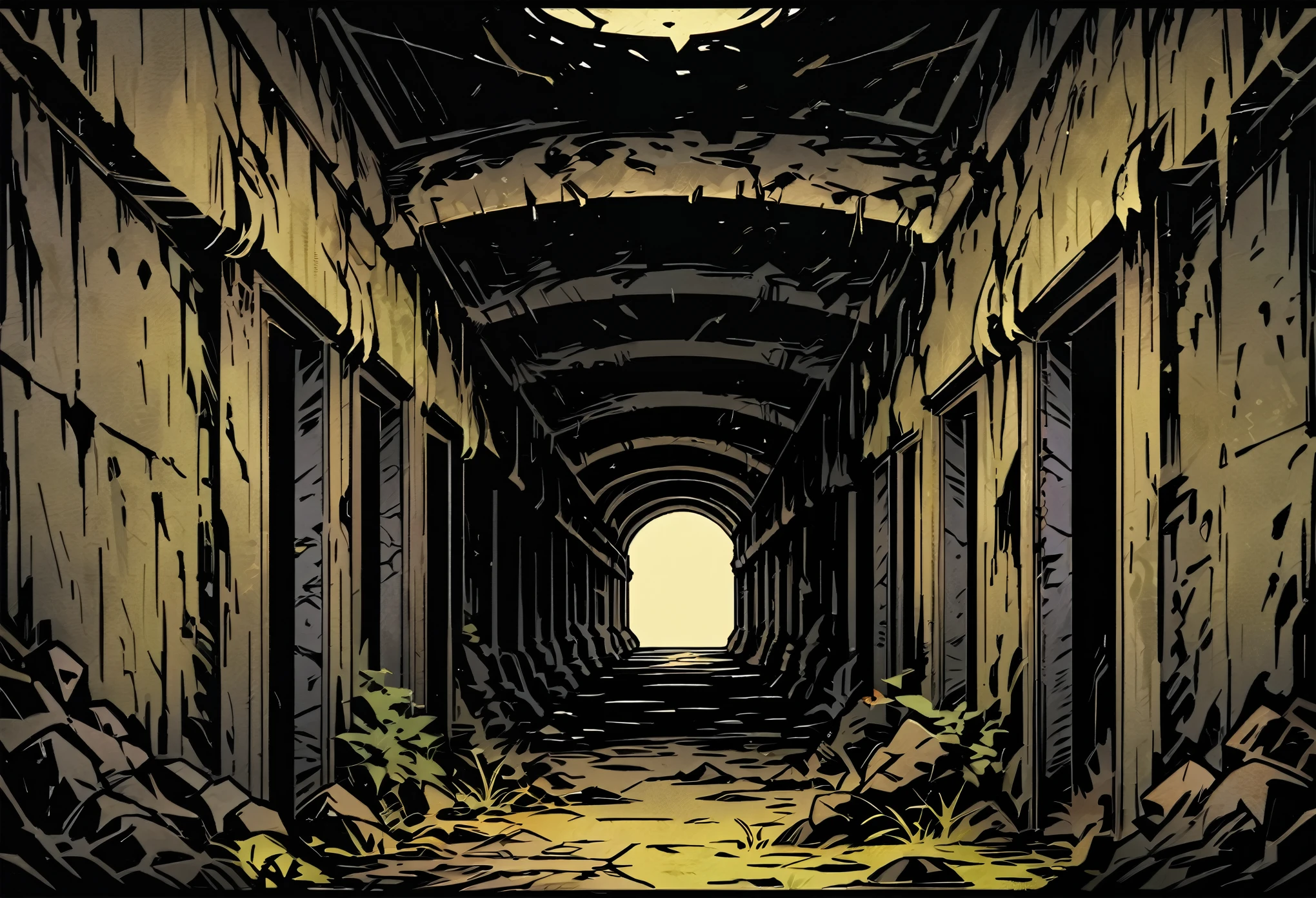 old corridor in abandoned military base, masterpiece, Darkest Dungeon art, thick outlines style
