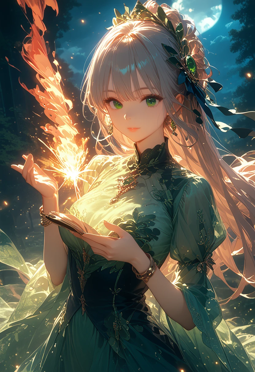 Fantasy, Anime Girl 2, Hair Raised Up Like a Hedgehog, Beautiful ((Hair Color Black Blue)), Big Beautiful Green Eyes, Magic Lots of Magic Happening, Wearing a Beautiful Shirt with Patterns, There are gold ornaments on the hands and feet bracelet, forest background, Cloudy Black Night, darkness, The fire is burning, sparks are rising from it, Clouds Cover the Moon, Very Beautiful and Colorful Painting, score_9, score_8_up, score_7_up, dramatic lighting, highly detailed, high budget, bokeh, cinemascope, moody, epic, gorgeous, film grain, grainy, masterpiece, best quality, perfect anatomy, very aesthetic, official art, 8k,A game of shadows, Clear, Well-Detailed Picture, bright colors, Full Detailed Work, masterpiece, Very Colorful Tones, A game of shadows, Details maximum, maximum quality,