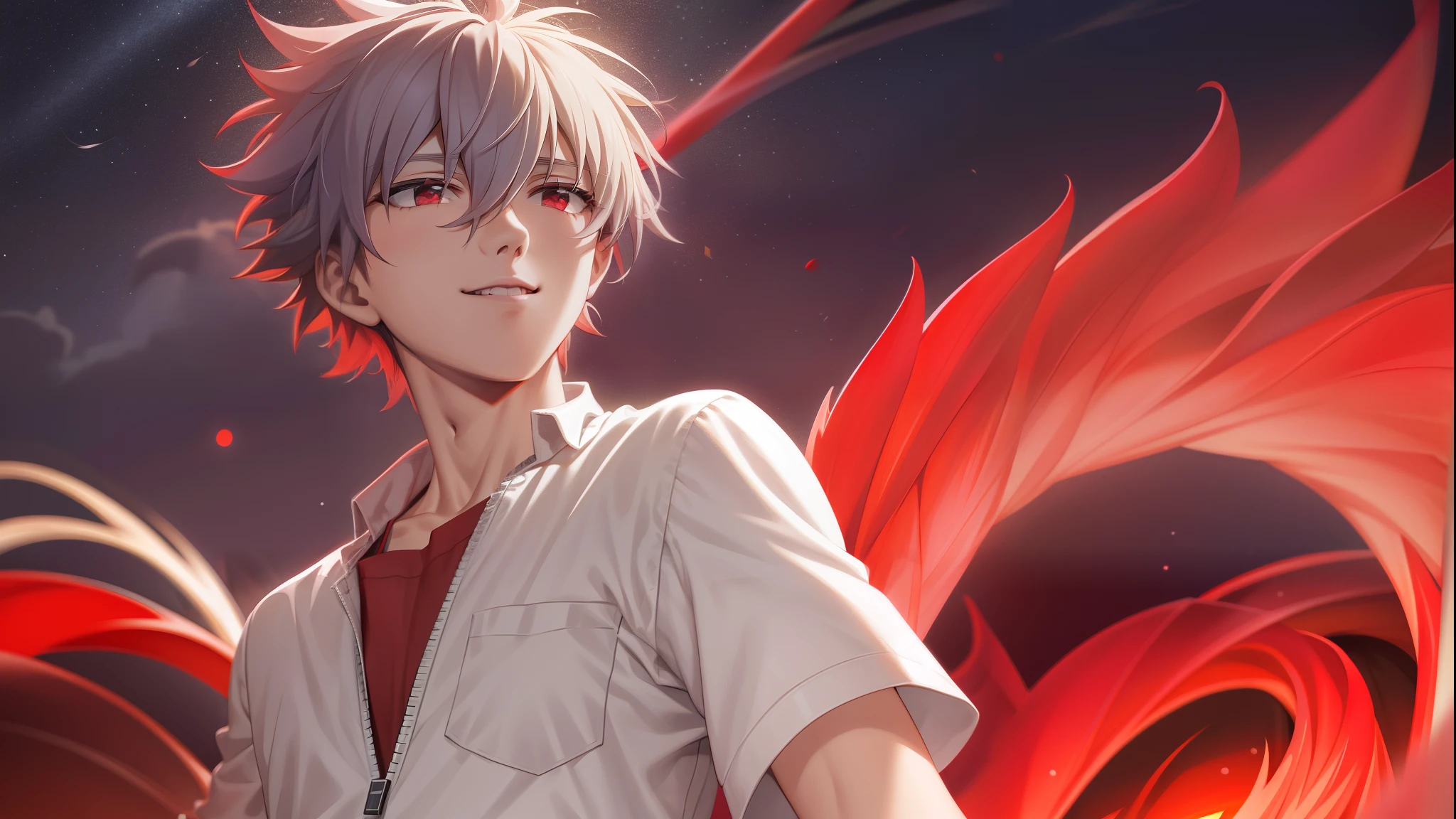 masterpiece,highres,highly detailed,male focus,1boy,独奏,kaworu nagisa, red eyes,grey hair,light smile,,Crimson Moon, Night Sky, dusk