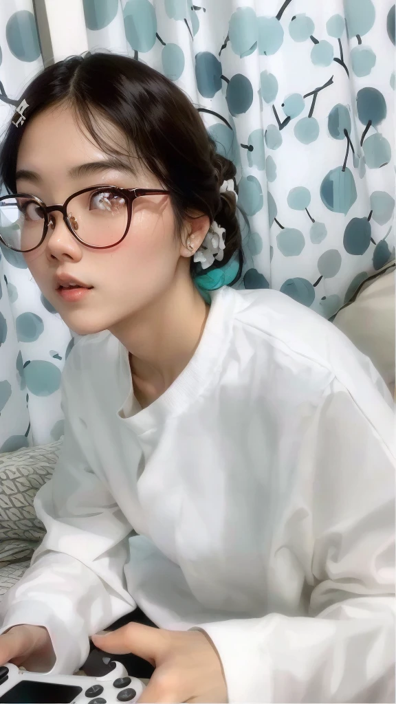 Sexy woman, eyes closed, mouth open, very deep blush, tip of the nose is red, long neck, off shoulder pink sweater, medium chest, visible cleavage, bedroom, warm lighting ,in bed