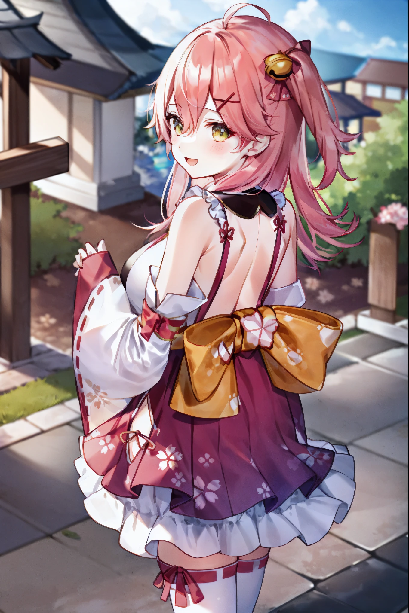 masterpiece, best quality, highres, aaritsuki, low twintails, hair ornament, hair bow, white bow, hair flower, halterneck, bare shoulders, white dress, short dress, sleeveless, belt, thigh strap, floral print, <lora:sakura_ritsuki_v1:0.7>, standing, cowboy shot, hand on hip, smile, indoors,
