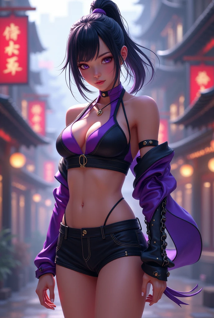 1girl,split-color hair,medium hair, tri tails hair, blunt bangs bangs,chinese swimsuit necktie between breasts boots,cyberpunk hillside daytime,