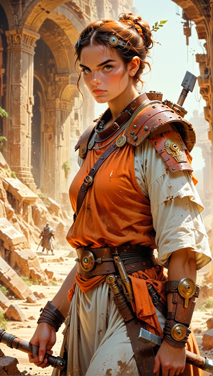 A brown-orange pointed axe. A woman stands on the horizon, looking at the viewer., The science fiction art style of the master, ancient warrior