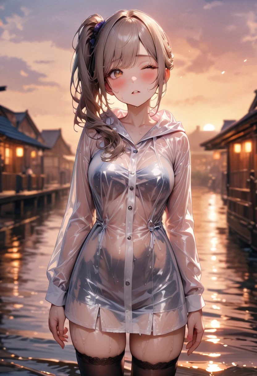 (best quality, masterpiece:1.2), 8k, very aesthetic, absurdres, high resolution, detailed face, official art, beautiful eyes, realistic, brown eyes, tareme, (side ponytail), swept bangs, long hair, silver hair, Layered, (silk dress), food, Transparent raincoat over the red pencil dress, medium breasts, (cleavage:0.8), overly long sleeves, black thigh-highs, boots, (white panties, cameltoe:0.5), textured skin, BREAK zettai ryouiki, head tilt, one eye closed, parted lips, sigh, blush, sweaty, sunset, shallow water, cowboy shot,