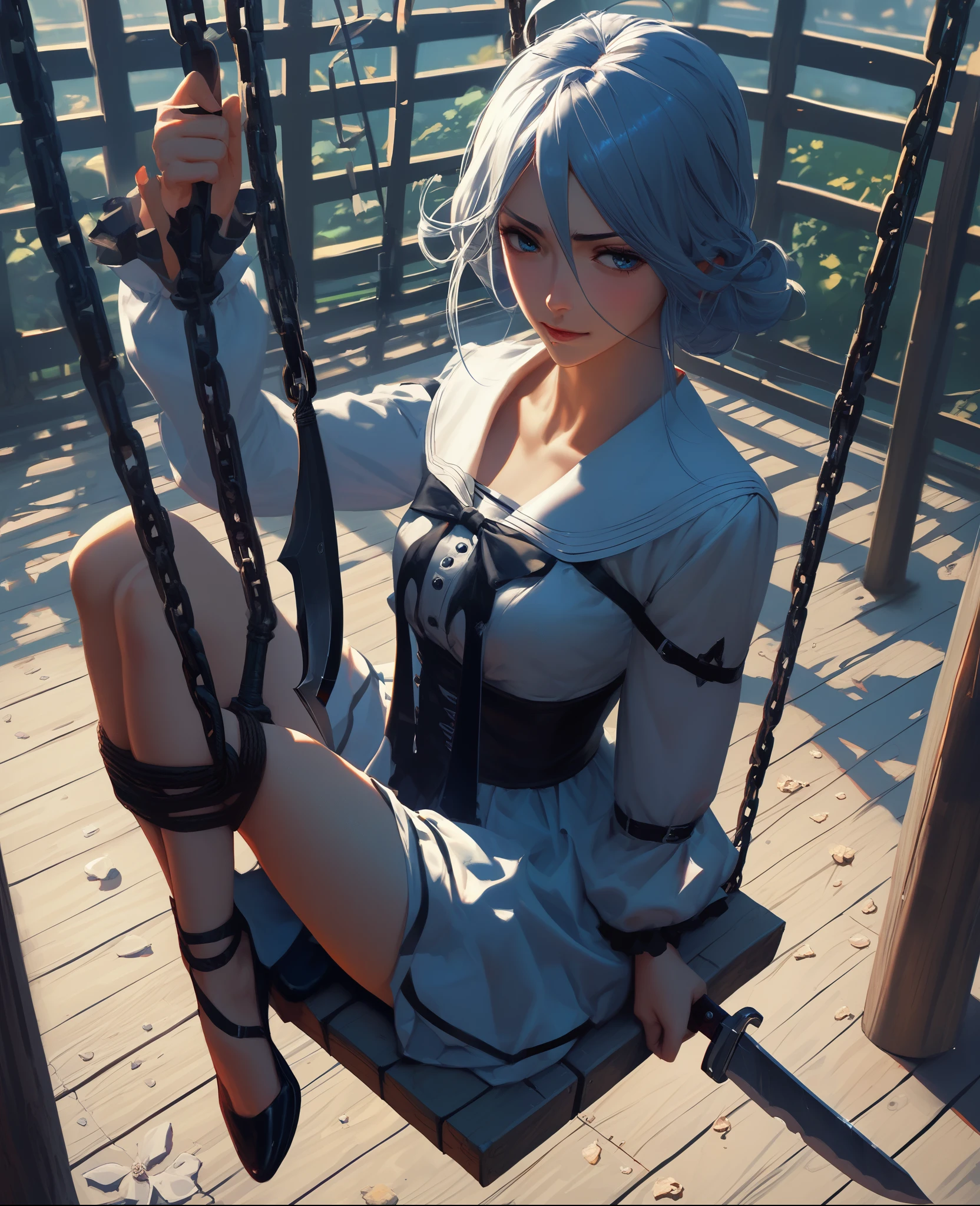Slightly happy, Short hair, (((white hair))), ((white hair with ((blue tips)))), blue dye, (((((green eyes))))), ((small breasts)), arms behind back, (((white rope, rope, bondage, shibari))), basement, casual clothes, dark clothes, (((white thigh socks))), ((((black t-shirt, skirt)))), best quality, high-res, masterpiece, (((mature, woman))), (((fully clothed))), (((suspension, suspended, hanging))), solo, 1 girl