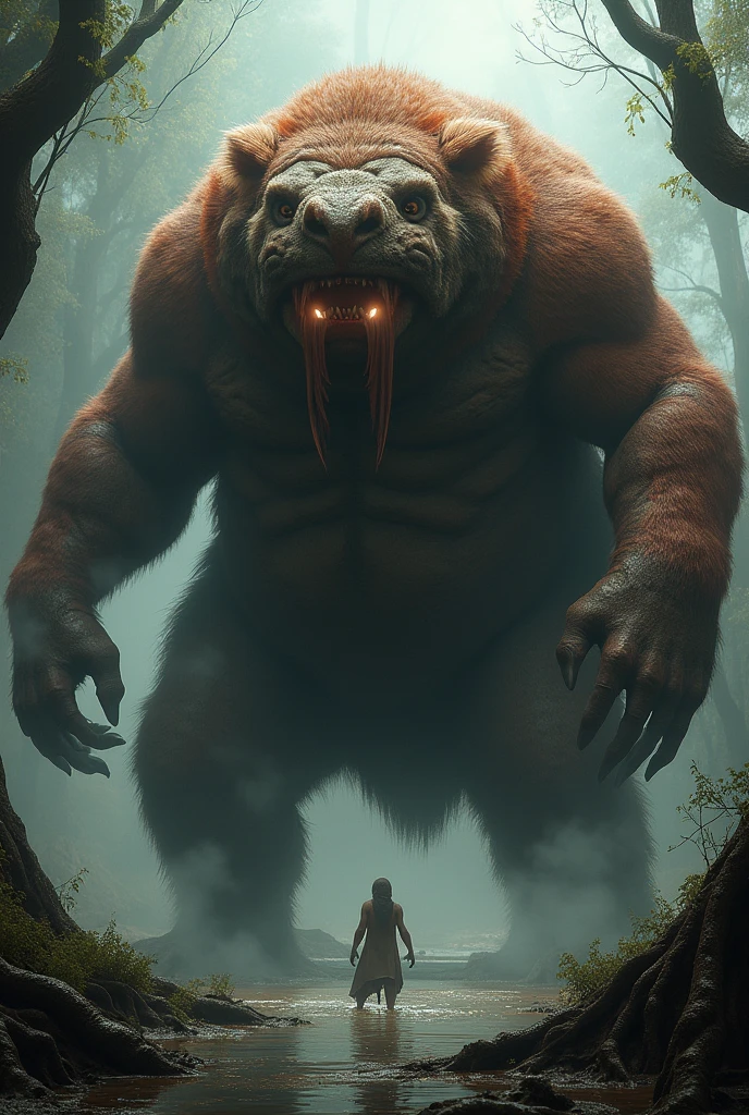 there is a very big boar with a big nose and big teeth, hyper realistic fantasy monster, realistic creature concept, Giant pig, by Artur Tarnowski, surreal hybrid animals, Vojtek FUS, Prehistoric Hell Pigs, creature concept art, Adam Marchinsky, anthropomorphic creature, Tadeusz Pruszkowski,photorealism,monster,ugly terrifying look,8k render,many small details,Ferocious view,fangs, wool,