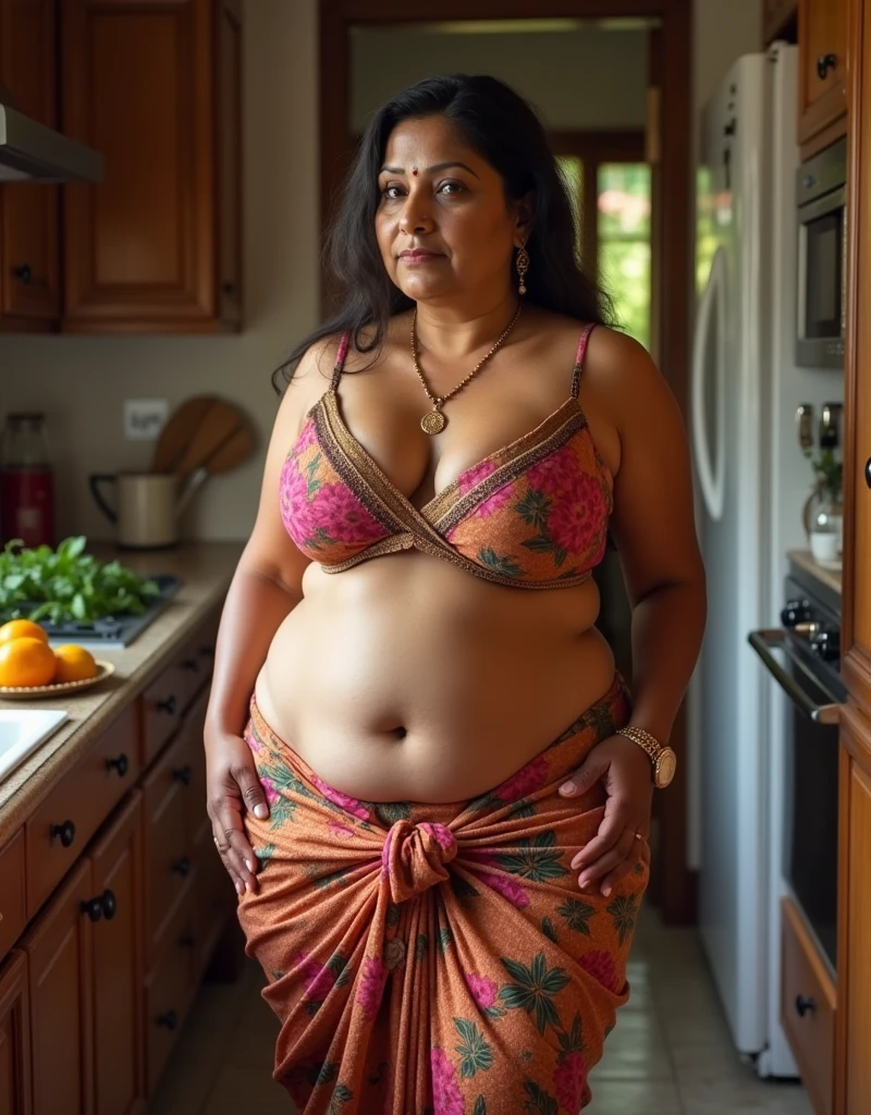 Candid family photo. Half-body front view photo of a big titty middle-aged South American mother topless,  preparing food for her female family outside. natural .