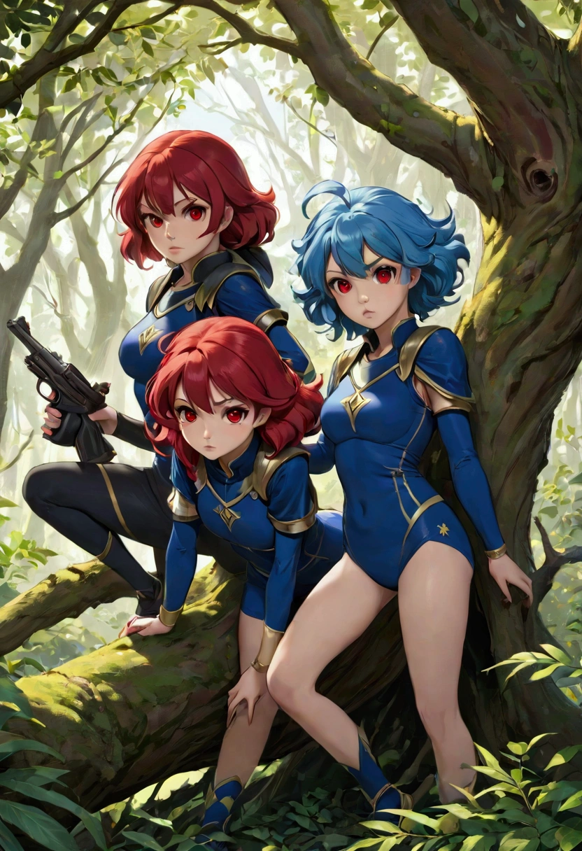 "In a forest full of dense vegetation, shows an intriguing scene with a fallen tree as a central element.

Under the fallen tree:

Three girls in blue gym clothes with blue hair and eyes with paint guns are hiding. Their position under the tree provides them with partial cover and they are partially hidden among the fallen branches and undergrowth..
On top of the fallen tree and on top of the tree three girl in red gym clothes with red hair and red eyes is leading the search with a determined attitude, The two red girls examine the area carefully.. The two girls in red are dressed in their armor and seem to be using their defensive abilities to protect themselves as they search.