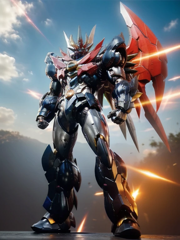 humanoid mech, Fully enclosed shoulder guards, Matching arm and leg guards, whole body, Full Armor, Super Robot, Robust and agile design, (The color scheme is mainly white.、With red and blue accents。, the concept Inspired by Super Robot, Lion concept chest armor, Temporarily stop, Standing, Floating above a futuristic sci-fi city), Exquisite and mature art style, (Aura effect, energy, Glowing Eyes, Armor Shines), ((ＳＲＳ)), metallic, dramatic, High resolution, Highest quality, High resolution, Very detailed, Ultra-fine painting, Very delicate, Professional, 完璧なボディProfessionalポーション, Anatomically correct, Symmetrical face, Very detailed目と顔, High quality eyes, creativity, RAW Photos, 超High resolution, 32K, Natural light, Cinema Lighting, masterpiece-anatomy-perfect, masterpiece:1.5　Big eyes　Glowing Eyes　Symmetrical face