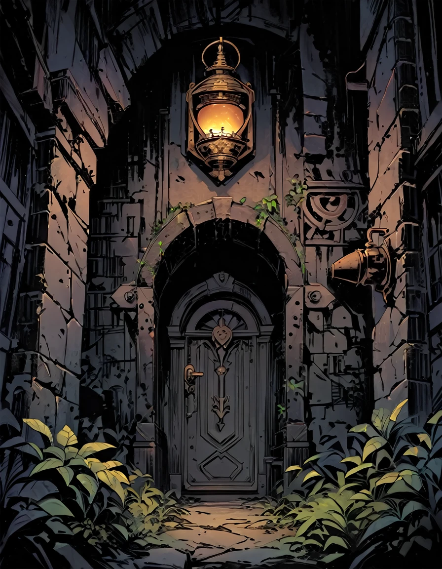 View from down, Massive rustic Iron Door, ancient inscriptions, closed space, gloom, WW1 bunker, ((old brass oil lamp)), masterpiece, Darkest Dungeon art, ultra detailed, thick outlines style