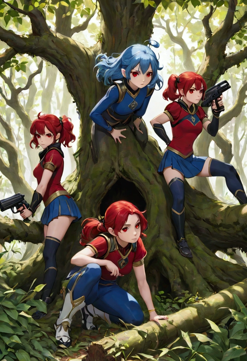 "In a forest full of dense vegetation, shows an intriguing scene with a fallen tree as a central element.

Under the fallen tree:

Three girls in blue gym clothes with blue hair and eyes with paint guns are hiding. Their position under the tree provides them with partial cover and they are partially hidden among the fallen branches and undergrowth..
On top of the fallen tree and on top of the tree three girl in red gym clothes with red hair and red eyes is leading the search with a determined attitude, The two red girls examine the area carefully.. The two girls in red are dressed in their armor and seem to be using their defensive abilities to protect themselves as they search.