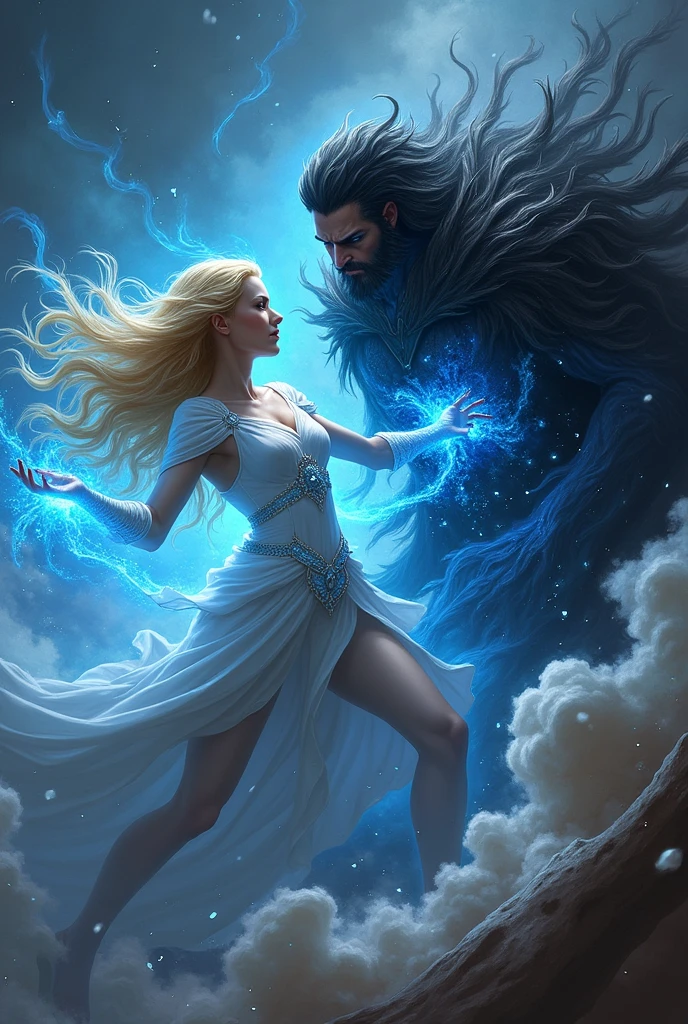 A creature of shadow and black mist facing a creature of light and calm