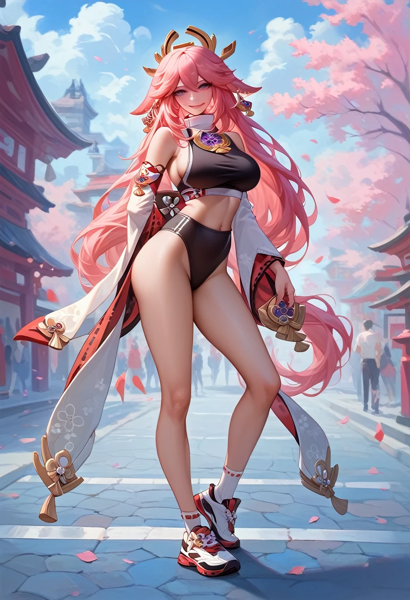 1girl, Yae Miko, Genshin Impact, (masterpiece, best quality), 16K, perfect face, pink eyes, long hair, pink hair, fox ears, sidelocks, bangs, wearing sports bra, wearing black panties, sport shoes, busty body, large breasts and a beautiful ass, showcasing cleavage, legs, hips, looking at viewer, smile, detailed full body, street background