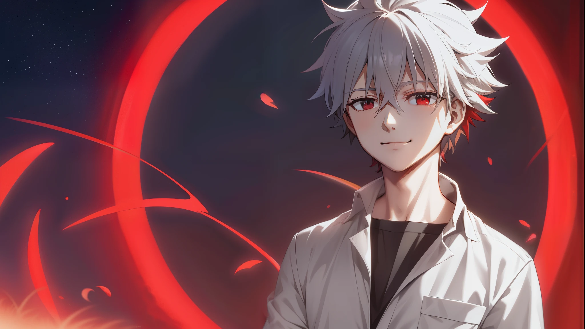 masterpiece,highres,highly detailed,male focus,1boy,独奏,kaworu nagisa, red eyes,grey hair,light smile,,Crimson Moon, Night Sky, dusk