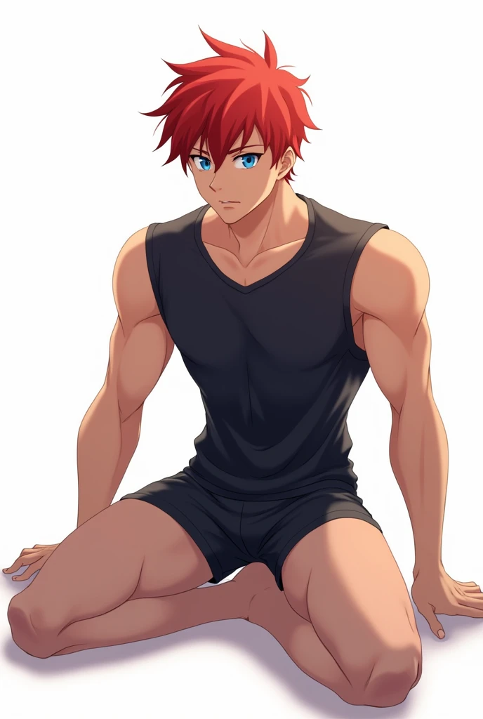 (masterpiece, 4K, ultra detailed), lion furry, medium length red hair, two blogs haircut, no mane, masculine, outside, lake, sunny, no accesory, cartoony, anime, close view, naked, penis, athletic, teenage, blue anime eyes