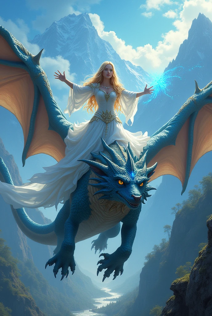 Queen riding on bid giant dragon with fire flames  from nose with superpowers and blue light at background