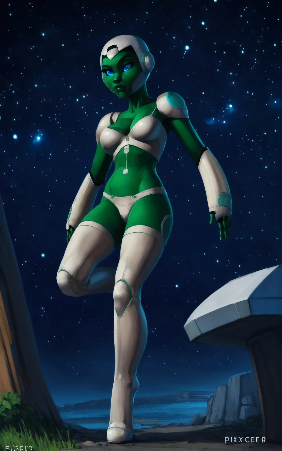 8k,4k,((Best quality, masterpiece, ultra high resolution)),((full body, by pixelsketcher)),  AYA,thighhighs, green skin,colored skin, blue eyes,helmet, panties, white panties, white helmet, white thighhighs, robot,breasts, bodysuit,human,((flying)), stars,hands on hip,outside