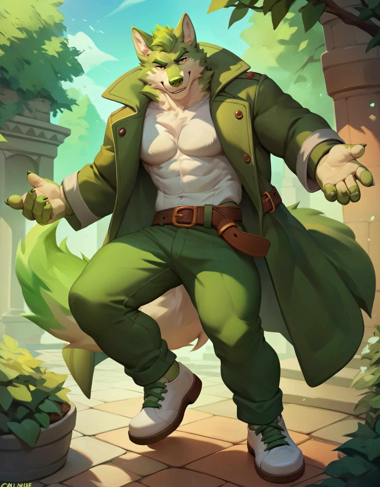 a wolf, furry, anthro, alone, male, light green fur, green eyebrows, green nose, white wizard coat, closed coat, brown belt, green pants, white shoes, wolf tail, thin, not so muscular, skinny, posing, Dynamic pose



