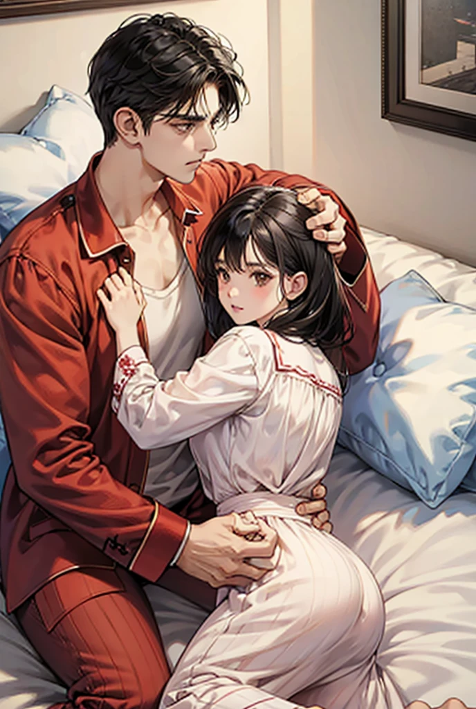 Brother and sister are fighting with pillows, in pajamas, black hair, Brown eyes,