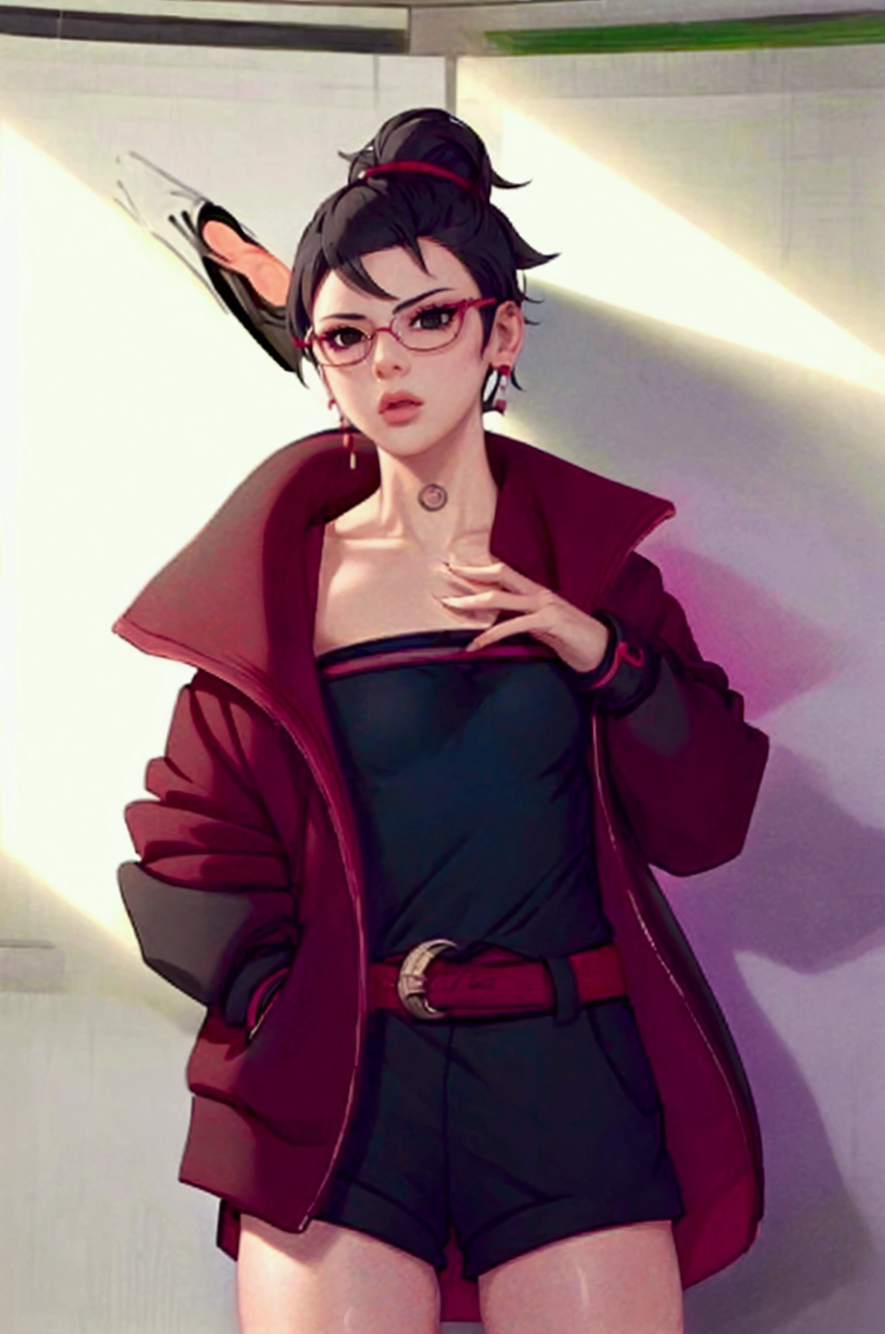 (High resolution,masterpiece:1.2),super detailed,realistic,professional,beautiful detailed eyes,beautiful detailed lips,dark hair,Short black hair,red glasses,Amazing black eyes,Clean skin,1 girl,fashionable short hairstyle,vibrant red glasses,Shinobi Academy,fierce determination,confident pose,crimson attire,gaze,background, filled with ninjutsu techniques,shadows, skillfully highlighting her features,soft studio lighting,sublime realism,Bright colors,perfect quality,after sex,attractive、Completely naked、There is cum on my face、Completely naked、after the rape、after the rape,