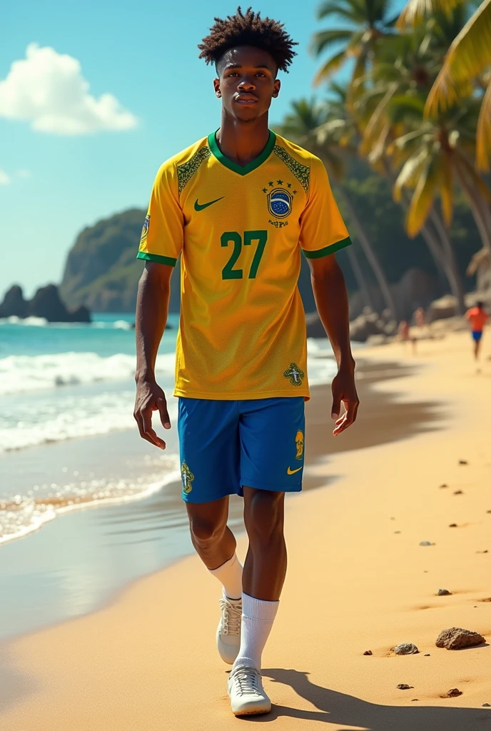Model Brazilian men turned, fair skin, straight hair degrade black, playing volleyball, brazil clothes, scenery beach brazil