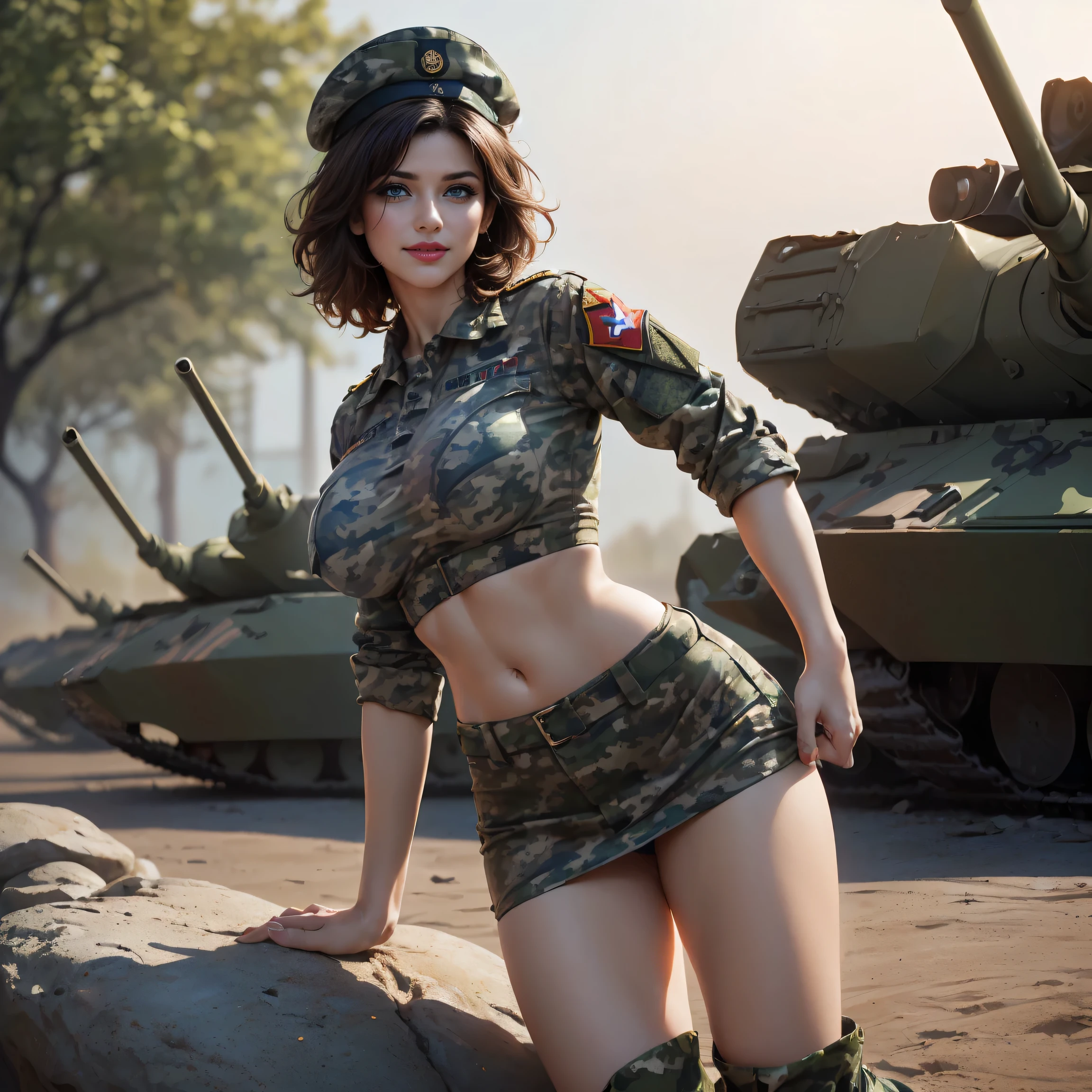 Russian girl, beautiful smile, curly red hair, green eyes, US army fighter, holding army weapon, half naked, lingerie, sitting on battle tank