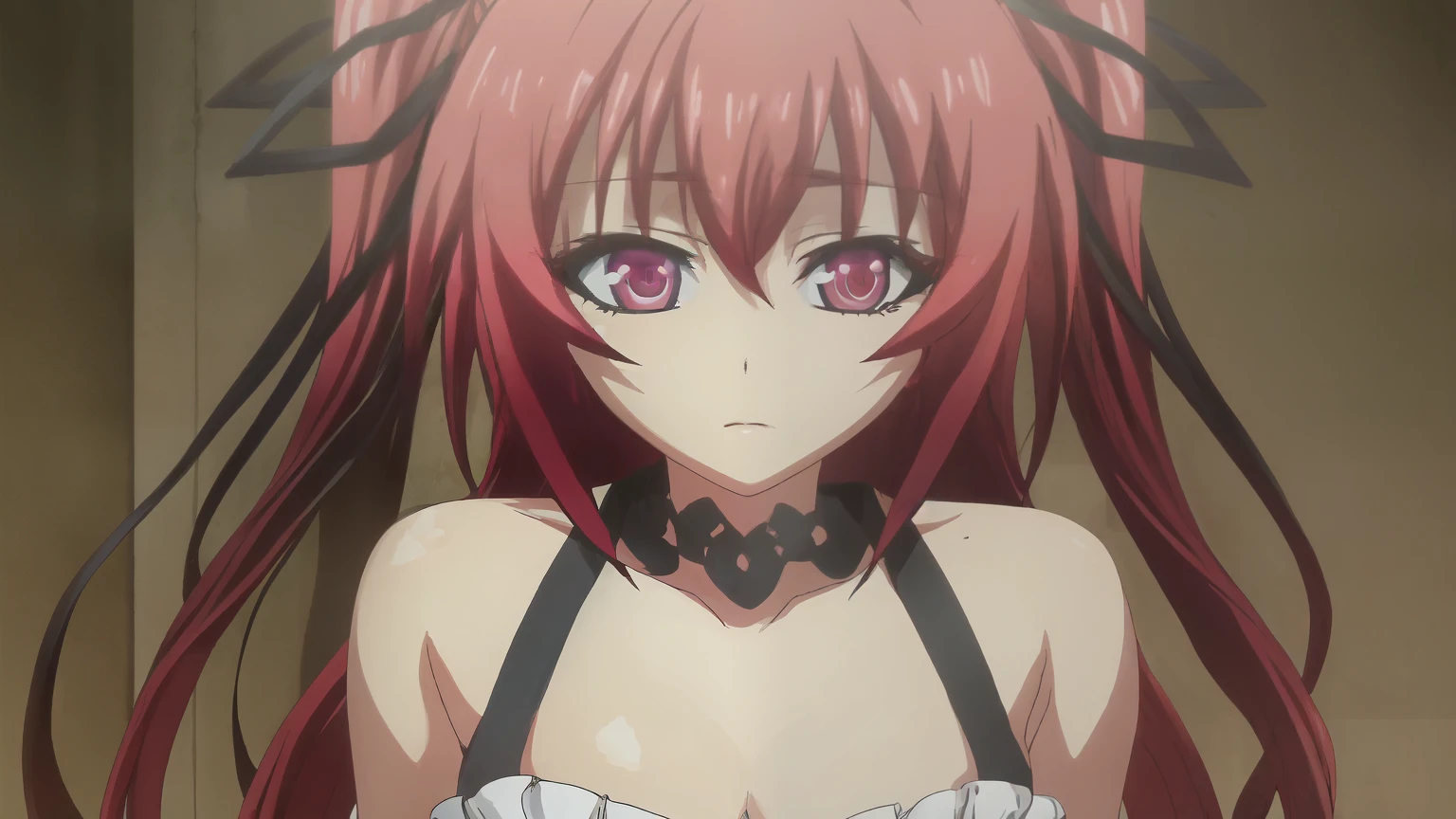 (Extremely detailed CG unity 4k wallpaper), (masterpiece), (Best Quality), (ultra detailed) ,(best illustration), (best shadow), (absurdities), (detailed backgrounds), Mio Naruse, 1 girl, bare shoulders (Detailed hands), old, neckline, demon girl, old grandes, by the width, Red eyes, Red hair, blushing