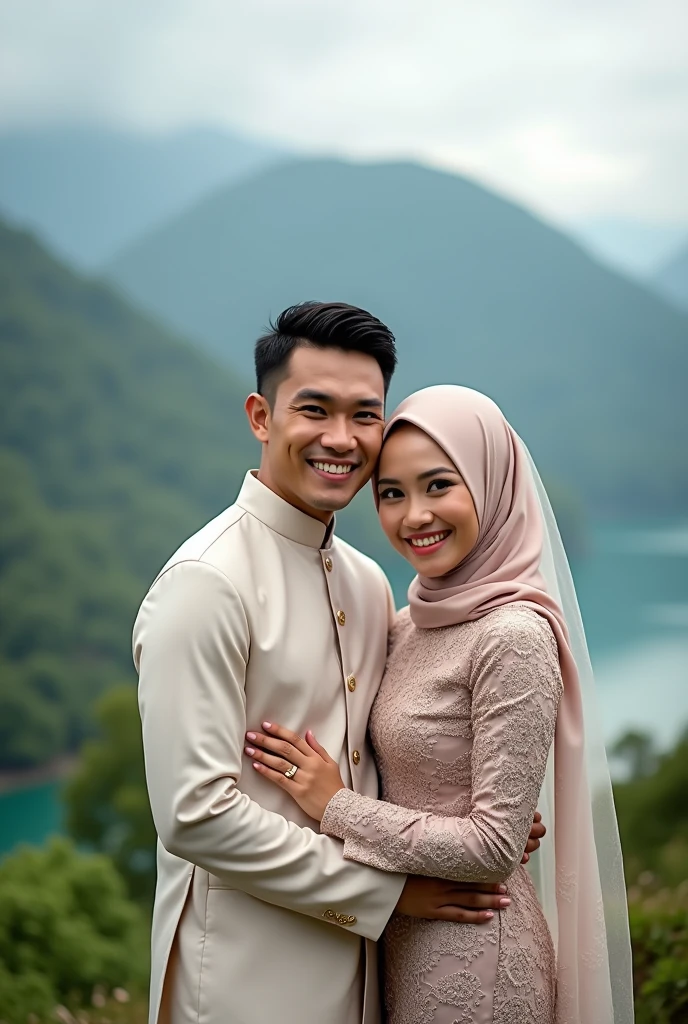 Indonesian husband and wife faces, wife wearing hijab, casual clothes, white shirt and blue jeans, embracing each other, intimate, mountain background, caricature style, 3d render