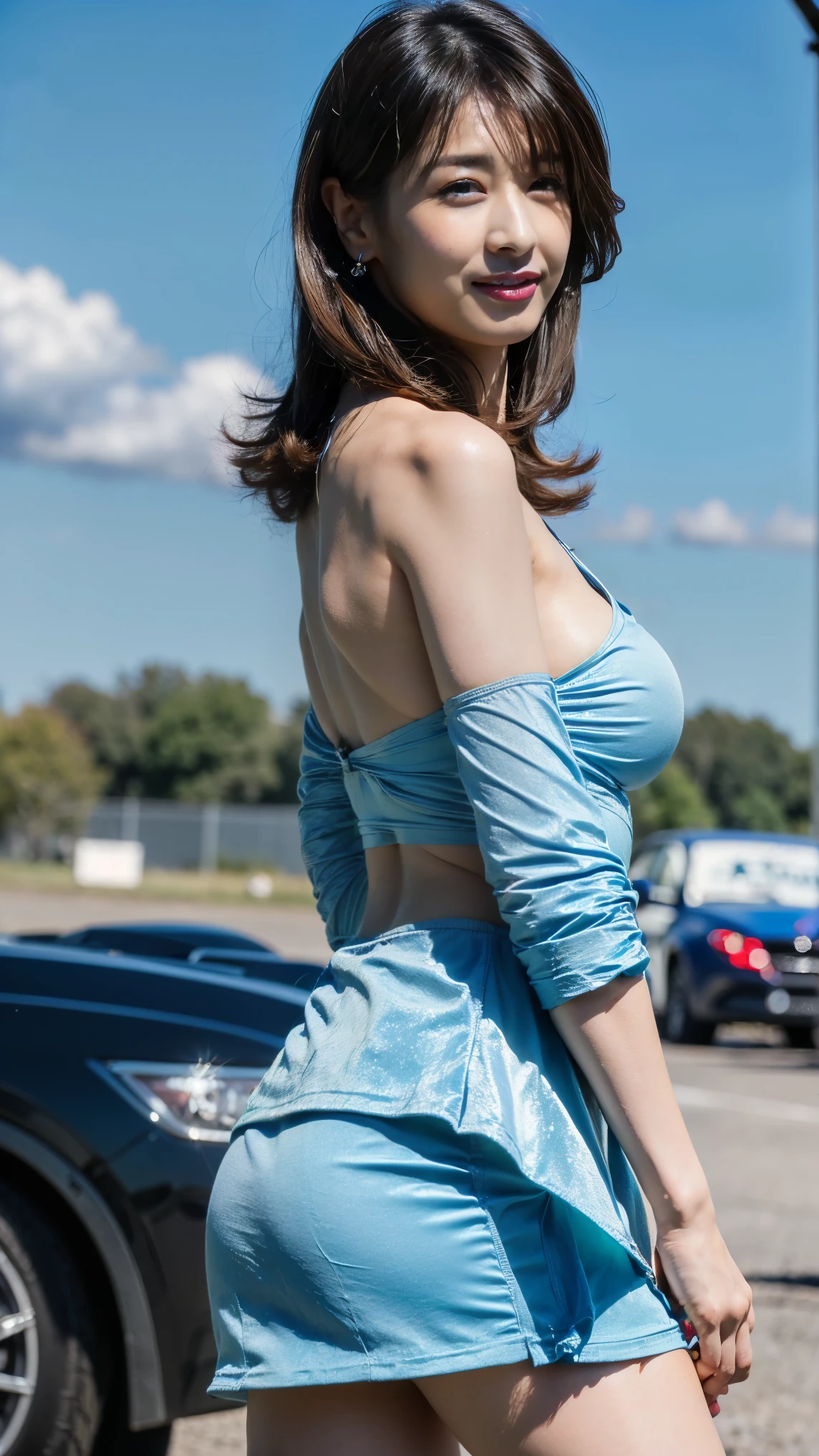best quality, masterpiece, (full body shoot:1.1), (dark background garage:1.2), 1 european girl, standing, 25 years, medium long hair, beautiful face, looking at the camera, blue eyes, smiling, slim body, (light blue sequin dress:1.3), (large breasts:1.3), (biggest breasts:1.3),