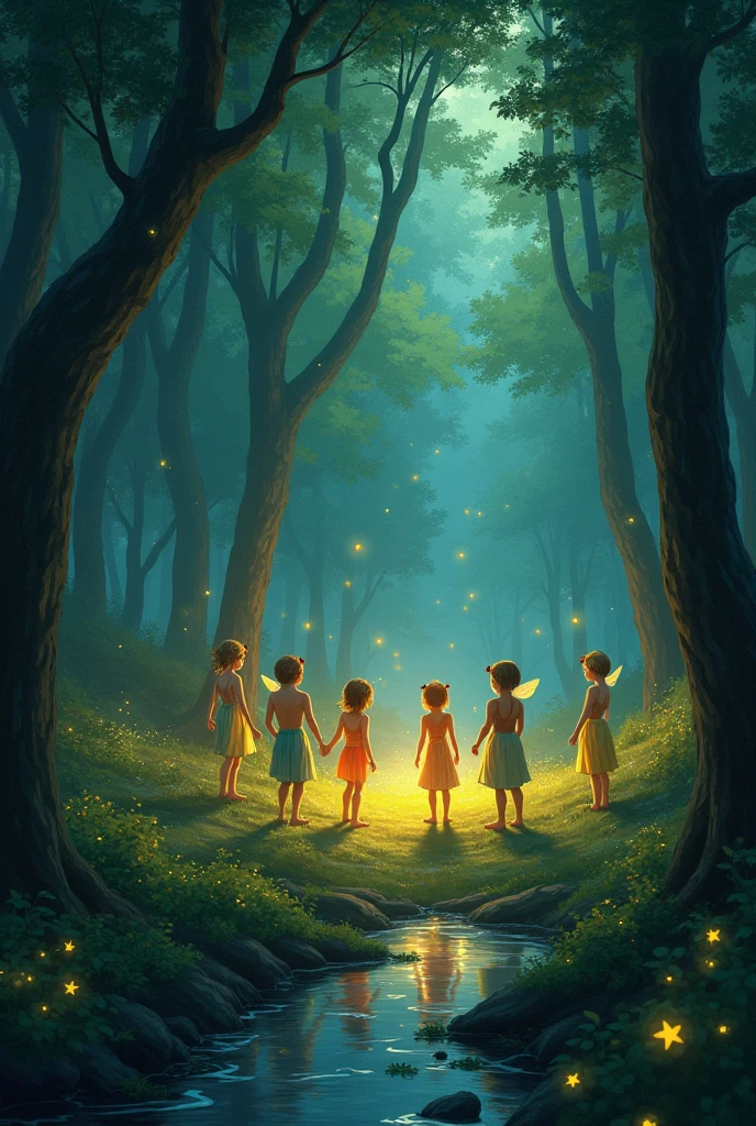 <lora:Fairy_Style_SDXL:1> A circle of ais-fairy fireflies, whispering ancient tales to the moon as they dance among the ancient oaks.