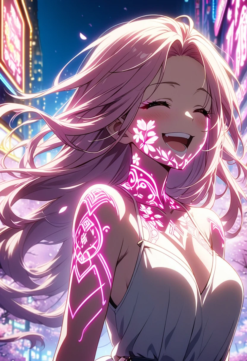 A female character wearing lots of neon cherry blossoms. Tattoos of glowing neon petals on face and body、Female anime character illustration. The soft focus effect is amazing in this scene with flowing hair., Highlight the magical glow of your tattoo. Close your eyes、Laughing with mouth open. The background is the neon lights of cherry blossoms at night. 