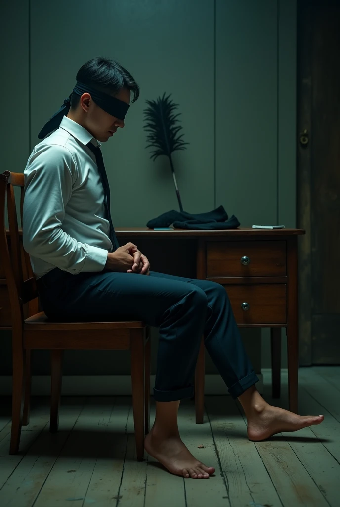 Malaysia handsome malay Zarul 22 years lawyer
He faint
A man rub his feet
5 Toes Smelly feet
His hand handcuff in  abondon warehouse 
Blindfolded
handcuff
Formal Outfit 
Focus sweaty hot feet on desk
feather duster on desk
Dirty black long sock on desk
