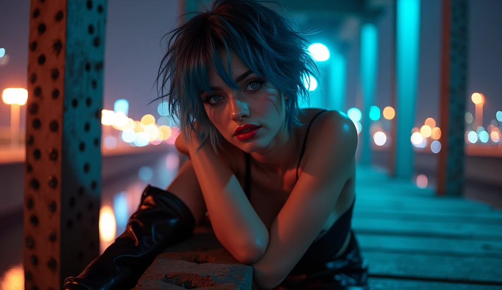 NSFW,open legs pose, naked pussy, open legs pose, ((raw photo), absurd, (absurdresolution)), ((full body view)), ((21 years)), beautiful girl, (Short, messy hair with bright neon blue highlights), (((The beauty of: Lisa, laLisa))), (deep gray eyes, seductive look, make up), ((ultra-sharp pupils, Red lipstick, blush)), ((seductive pose)), (((naked))), ((dark make up, Digital art, trend in artstation, highly detailed, good detail, Intricate, beautiful detailed glow, detailed, cinematic lighting, High resolution, detailed facial features)), ((Leaning on a riveted steel bridge beam facing the viewer)), (Photographic perspective), vivid, bright colors, (((bottom: dark city at night)))