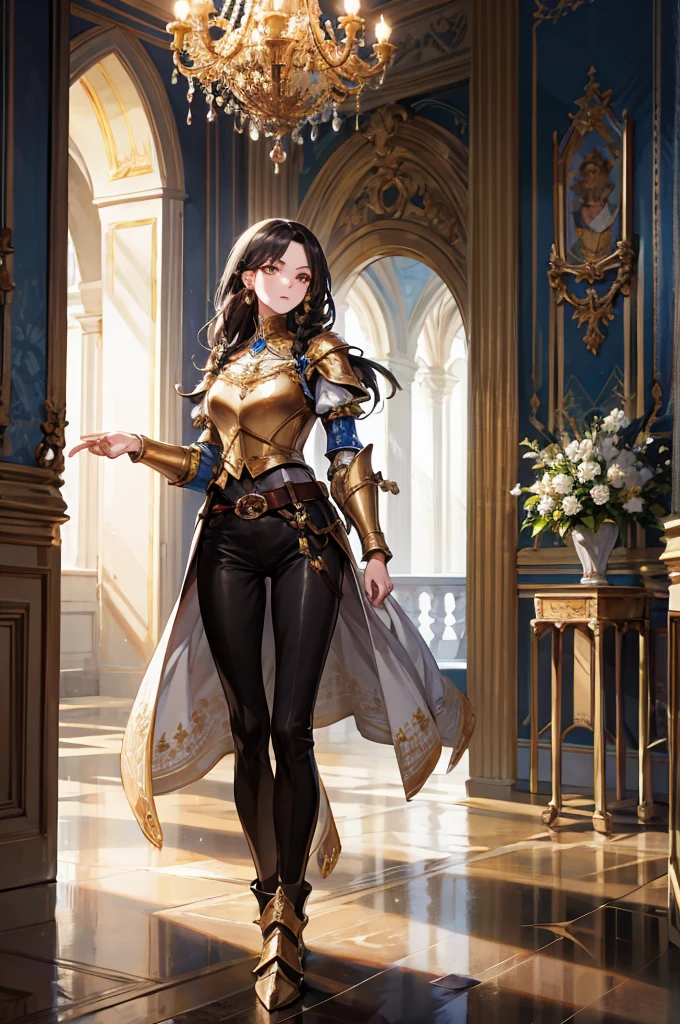 photorealistic, masterpiece, best quality, (detailed anime, video game art, extremely detailed CG unity 8k wallpaper), (best quality), (best illustration), (best shadow), absurdres, realistic lighting, (Abyss), musketeerdress, stern expression, (warrior, royal guard, armor,:1.22) royalty, princess, warrior princess, black hair, (golden eyes:1.3), braided hair, elegant young woman with a sharp, sophisticated look. She is wearing a white, intricately patterned blouse with puffed, voluminous sleeves and a large black bow at the collar. Her high-waisted black pants are sleek and tailored, secured with a wide, buckled belt with straps, central, full-body view of a character standing confidently. The character's pose is strong and commanding, with hands by the sides, musketeer, Interior of the Hall of Mirrors at the Palace of Versailles, Baroque architecture, vaulted ceiling with frescoes, opulent crystal chandeliers, tall arched mirrors reflecting light, gilded statues, intricate gold leaf decorations, natural light flooding through large windows, luxurious and grand atmosphere, high-detail, photorealistic, 8k resolution.