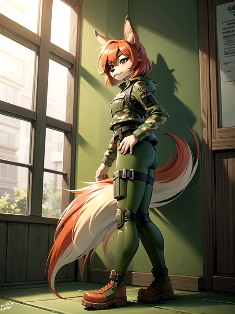 A furry anthro fox girl with brown hair, wearing a camouflage jacket, camouflage rubber pants, and army small boots, 