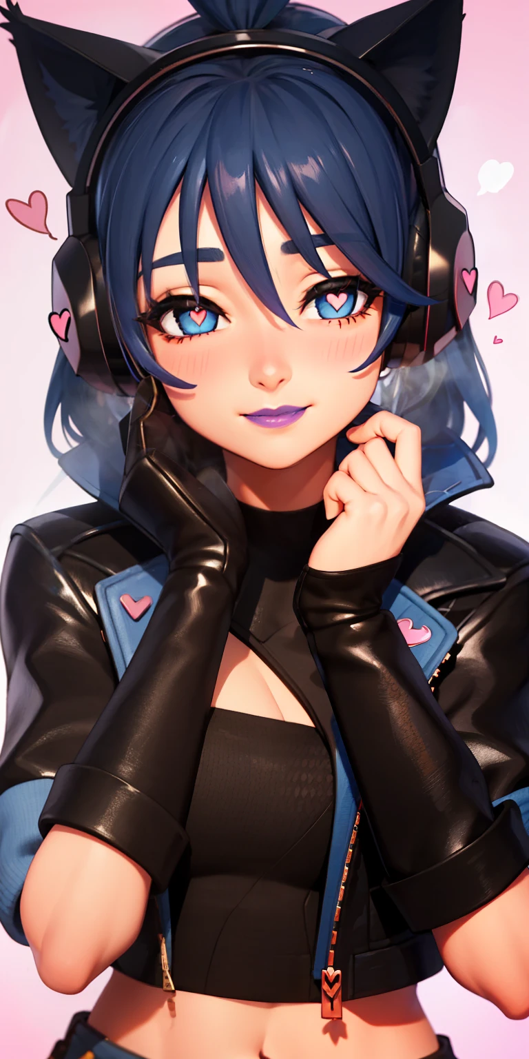 Heart-shaped_pupils, 1girl,blue hair,blue eyes, eyeshadow, (blush:1.1),upper body,trembling, heart,(speed lines:1.1),medium breasts, ((heavy breathing:1.3)), love, heart, black jacket, jacket crop top, cat ears headphones, black crop top, purple lips, smile, looking at viewer, facing viewer, hands on own face,