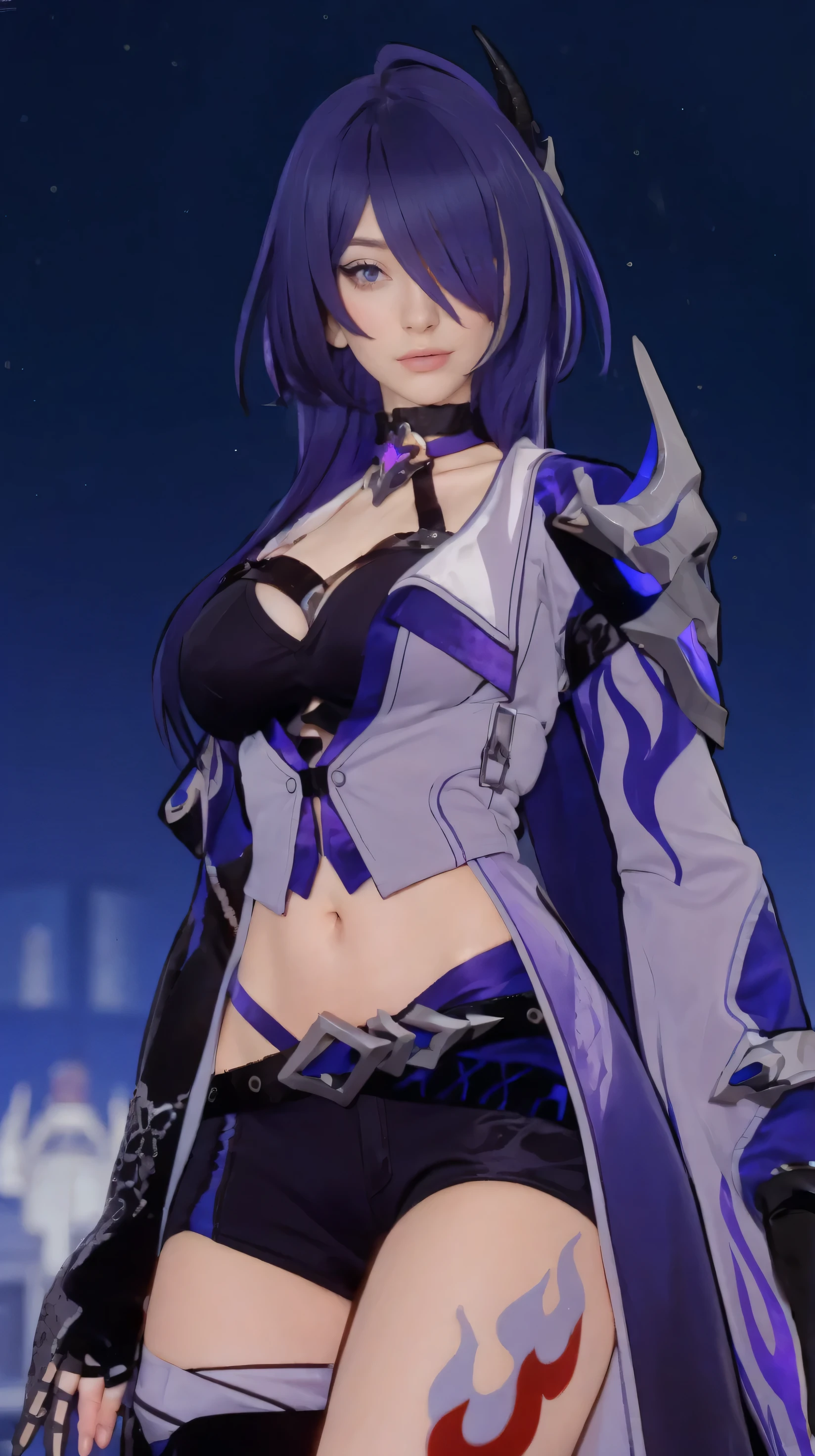 The image features a female character with dark hair and horns, wearing a white and purple outfit with a black and pink choker around her neck, photorealistic, high resolution, beautiful detailed eyes, beautiful detailed lips, extremely detailed eyes and face, photo-realistic, 8k, realistic, HDR.