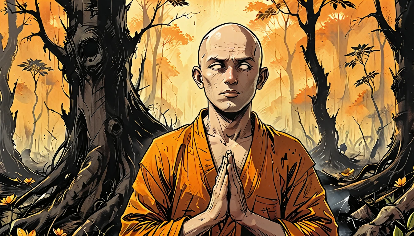 ((((close-up profile angele portrait man)))),(((open mouth))), lotus pose, ((profile close up portrait man)) blind Buddhist monk sitting  in a lotus pose in dead forest, forest after a fire, black dead trees, no leaves, round face, white eyes, no eyebrows, no hair, bald, paw-eared, round cheeks, narrow lips, man, white sclera eyes, Whitewash Eyes, ((orange Kashaya)), graphic style of novel comics, perfect hands, 2d, 8k, hyperrealism, masterpiece, high resolution, best quality, ultra-detailed, super realistic, Hyperrealistic art, high-quality, ultra high res, highest detailed, lot of details, Extremely high-resolution details, incredibly lifelike, colourful, soft cinematic light,