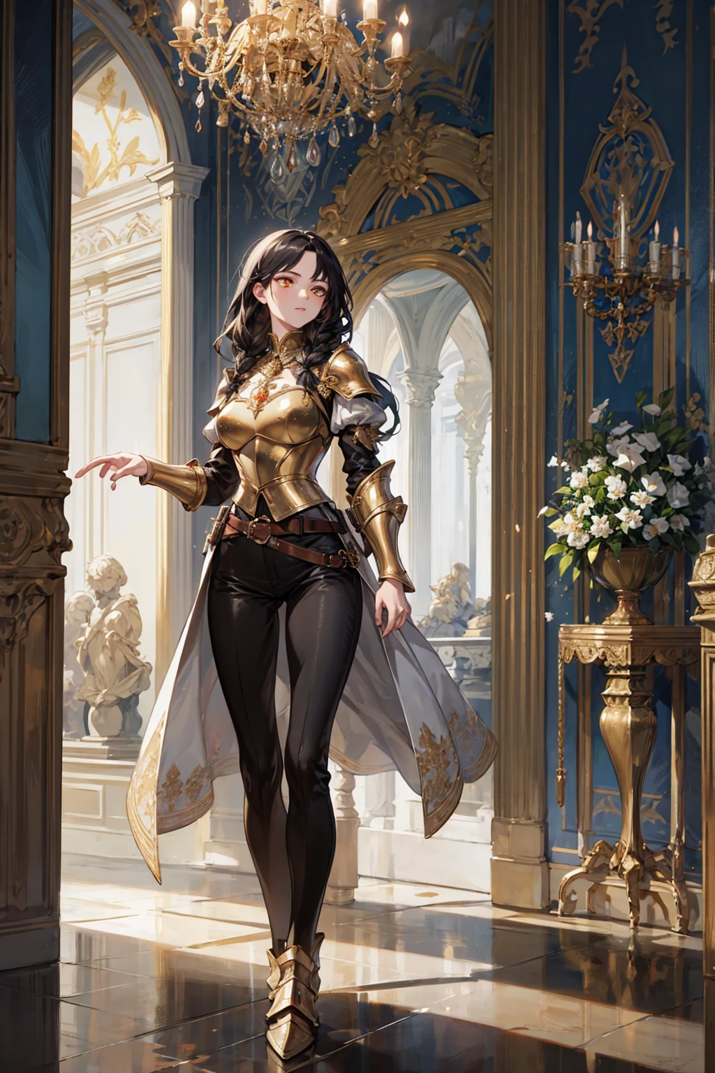 photorealistic, masterpiece, best quality, (detailed anime, video game art, extremely detailed CG unity 8k wallpaper), (best quality), (best illustration), (best shadow), absurdres, realistic lighting, (Abyss), musketeerdress, stern expression, (warrior, royal guard, armor,:1.22) royalty, princess, warrior princess, black hair, (golden eyes:1.3), braided hair, elegant young woman with a sharp, sophisticated look. She is wearing a white, intricately patterned blouse with puffed, voluminous sleeves and a large black bow at the collar. Her high-waisted black pants are sleek and tailored, secured with a wide, buckled belt with straps, central, full-body view of a character standing confidently. The character's pose is strong and commanding, with hands by the sides, musketeer, Interior of the Hall of Mirrors at the Palace of Versailles, Baroque architecture, vaulted ceiling with frescoes, opulent crystal chandeliers, tall arched mirrors reflecting light, gilded statues, intricate gold leaf decorations, natural light flooding through large windows, luxurious and grand atmosphere, high-detail, photorealistic, 8k resolution.