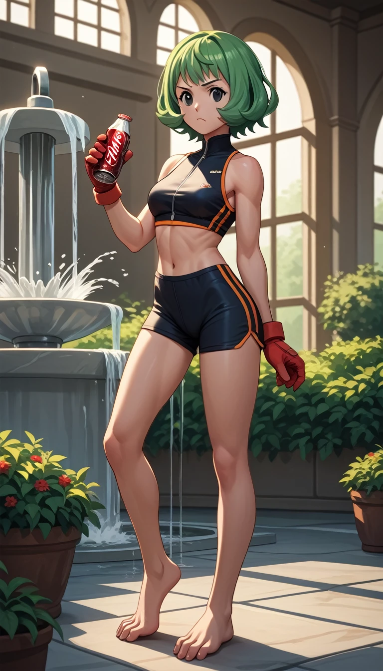 a woman taking a selfie in front of a mirror, masculine and strong, half asian, valentina remenar, popular on instagram, she is holding a long staff, athletic shorts, short bob hair, unusually attractive, showing off biceps, florence pugh, sport bra and shorts, bixbite, uncropped, wow!, 