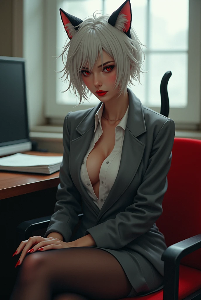 anime style, Woman with muscular arms, fitted white shirt, shoulder length white hair, White skin, Red eyes, sitting in his office, attractive, high, intimidating look, indifferent expression, Male features, smoking, body with black tattoos
