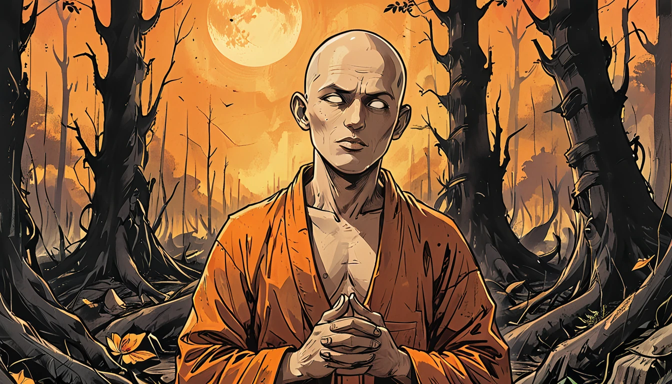 ((((close-up profile angele portrait man)))),(((open mouth))), lotus pose, ((profile close up portrait man)) blind Buddhist monk sitting  in a lotus pose in dead forest, forest after a fire, black dead trees, no leaves, round face, white eyes, no eyebrows, no hair, bald, paw-eared, round cheeks, narrow lips, man, white sclera eyes, Whitewash Eyes, ((orange Kashaya)), graphic style of novel comics, perfect hands, 2d, 8k, hyperrealism, masterpiece, high resolution, best quality, ultra-detailed, super realistic, Hyperrealistic art, high-quality, ultra high res, highest detailed, lot of details, Extremely high-resolution details, incredibly lifelike, colourful, soft cinematic light,